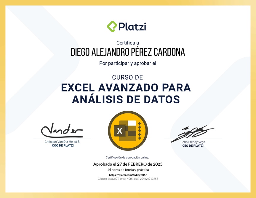 Diploma del Curso de Excel Avanzado para Análisis de Datos