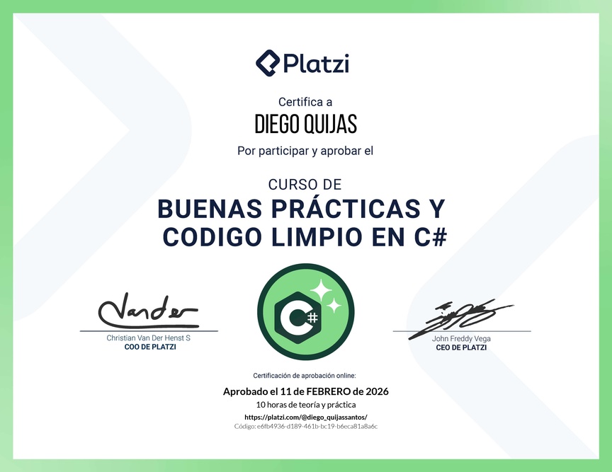 Diploma del Curso de Buenas Prácticas y Código Limpio en C#
