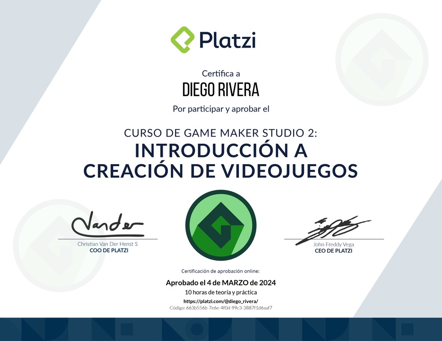 Diploma del Curso de Game Maker Studio 2: Introducción a Creación de Videojuegos