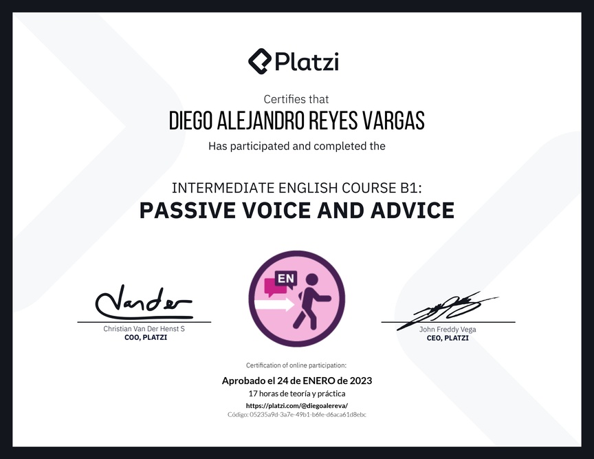 Diploma del Curso de Inglés Intermedio: Voz Pasiva y Consejos (2021)