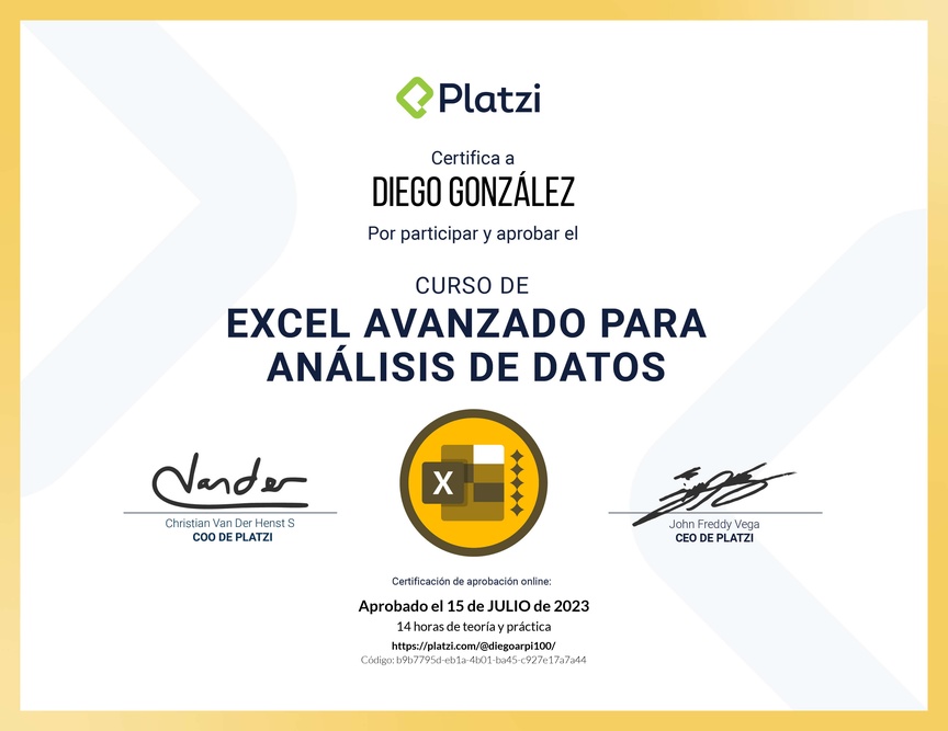 Diploma del Curso de Excel Avanzado para Análisis de Datos