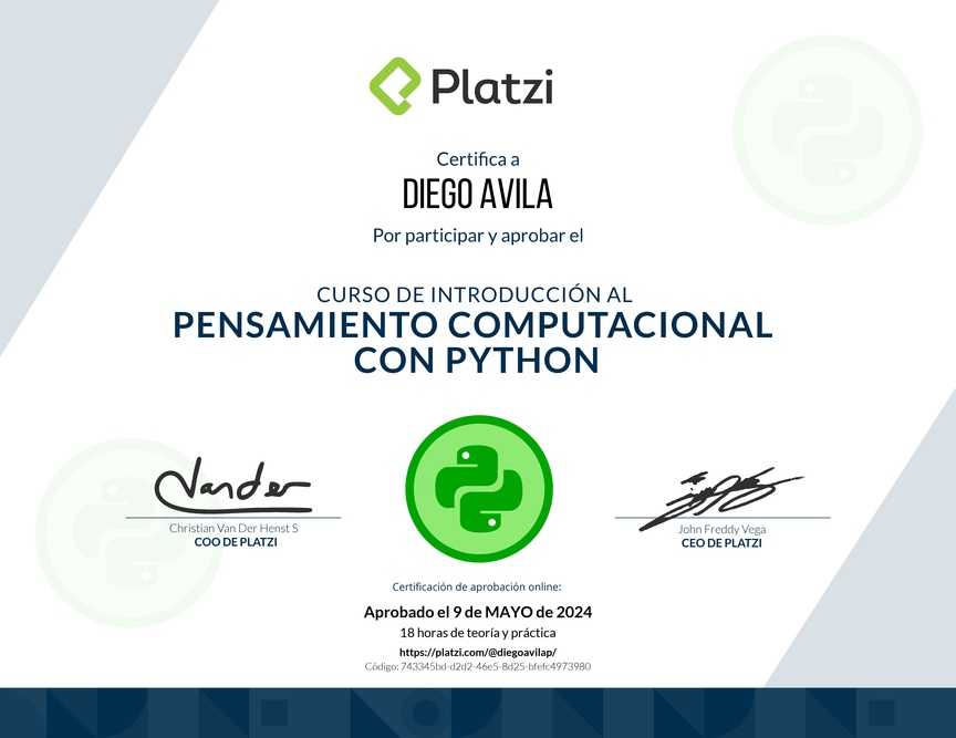 Diploma del Curso de Introducción al Pensamiento Computacional con Python