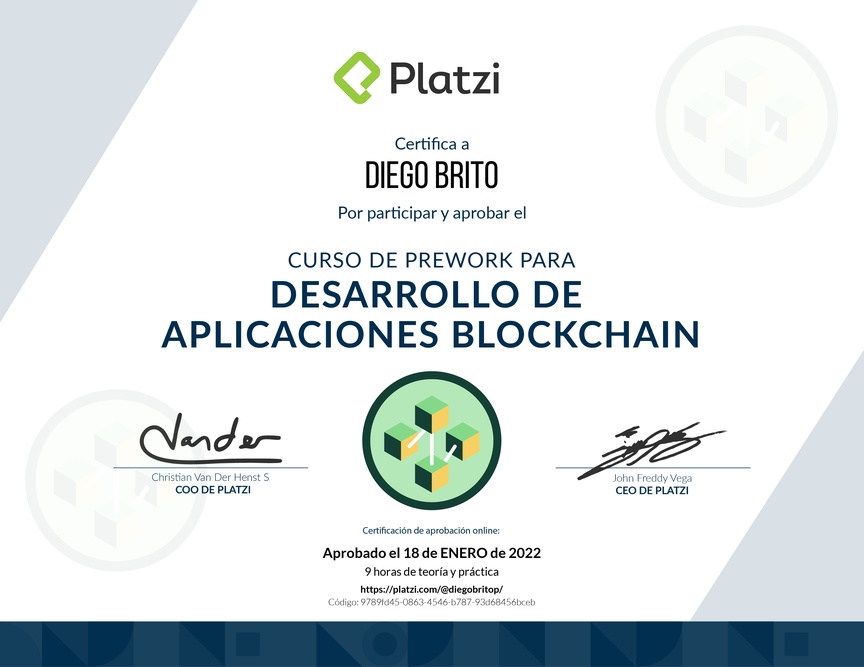 Diploma del Curso de Prework para Desarrollo de Aplicaciones Blockchain 2021