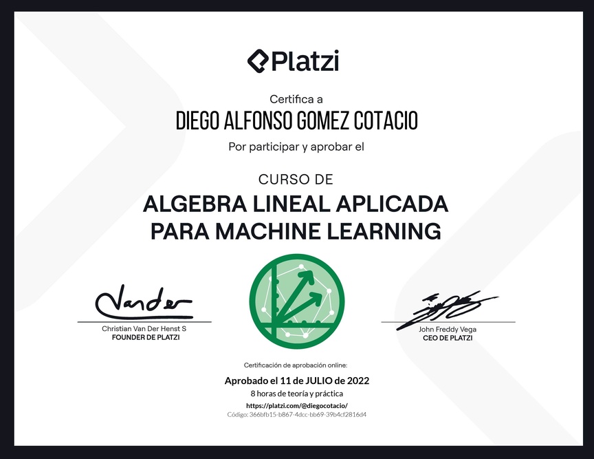 Diploma del Curso de Álgebra Lineal Aplicada para Machine Learning