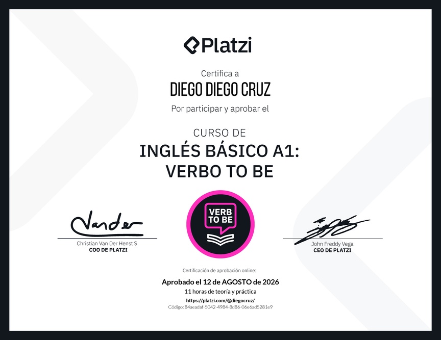 Diploma del Curso de Inglés Básico A1: Verbo To Be