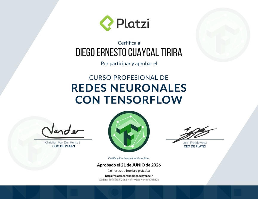 Diploma del Curso Profesional de Redes Neuronales con TensorFlow