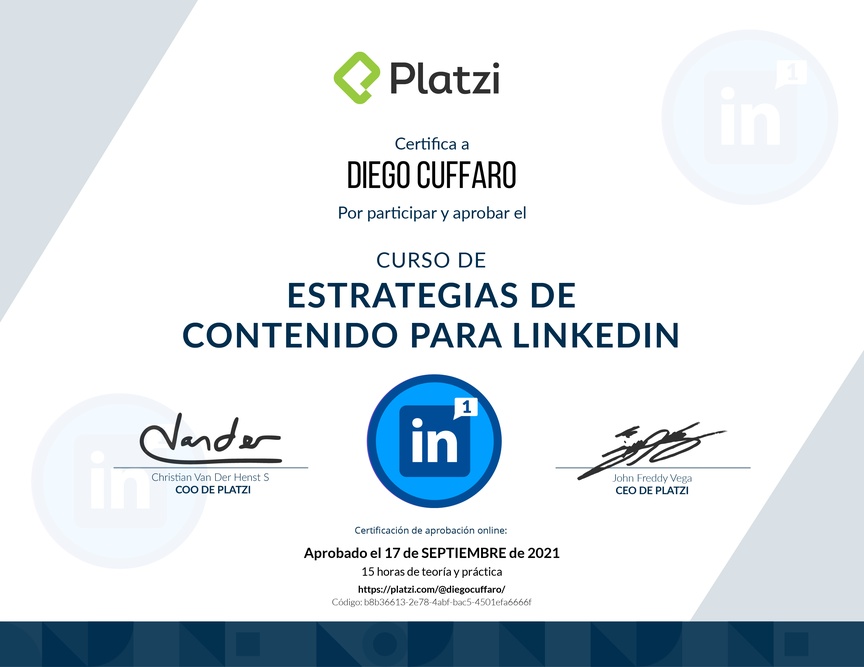 Diploma del Curso de Estrategias de Contenido para LinkedIn