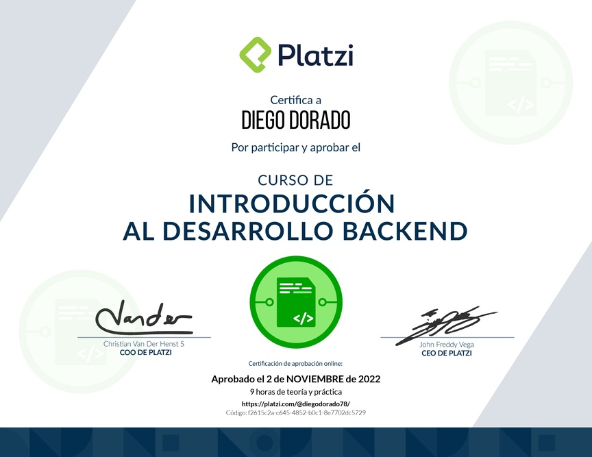 Diploma del Curso de Introducción al Desarrollo Backend