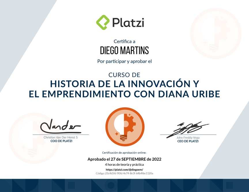 Diploma del Curso de Historia de la Innovación y el Emprendimiento con Diana Uribe