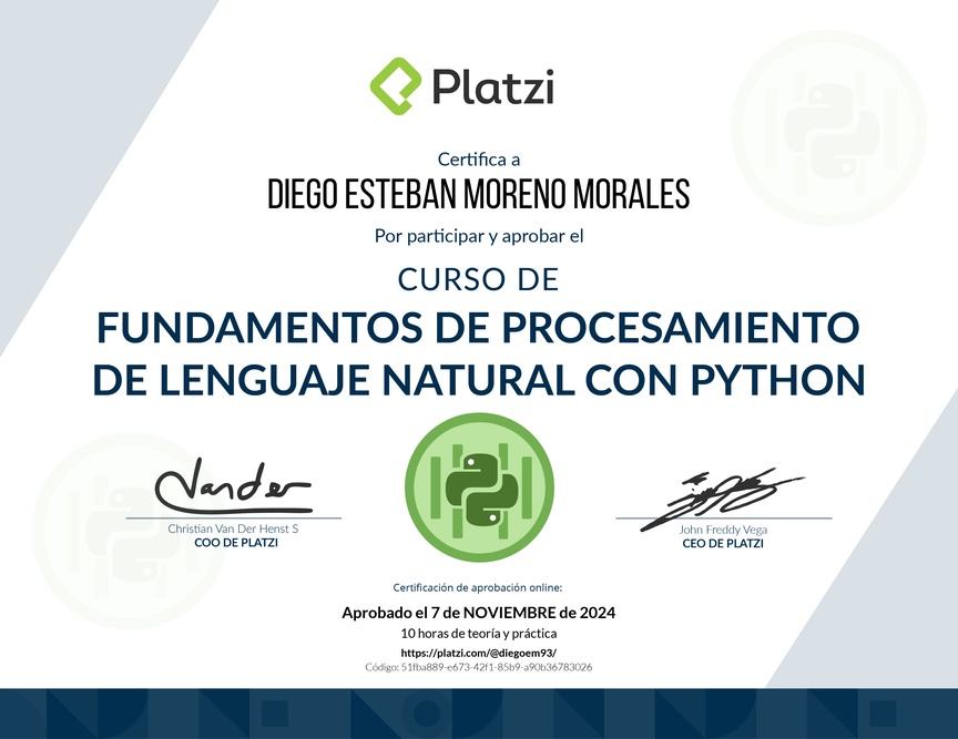 Diploma del Curso de Fundamentos de Procesamiento de Lenguaje Natural con Python y NLTK
