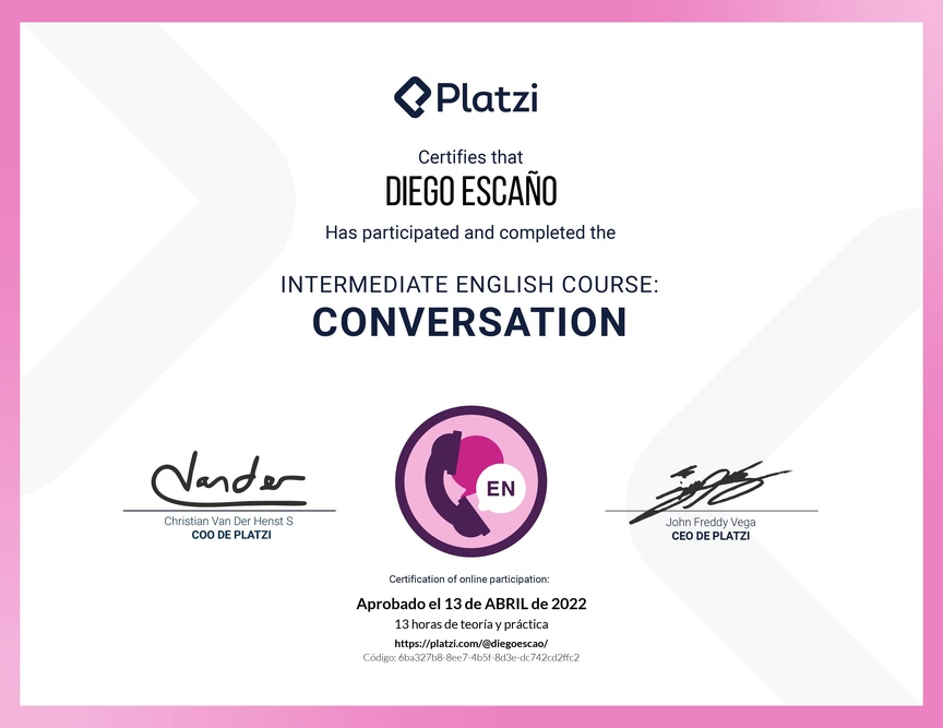 Diploma del Curso de Inglés Intermedio: Conversación 2020