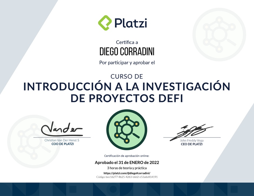 Diploma de Minicurso de Introducción a la Investigación de Proyectos DeFi