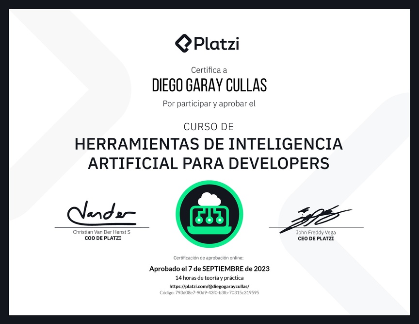 Diploma del Curso de Herramientas de Inteligencia Artificial para Developers (2023)