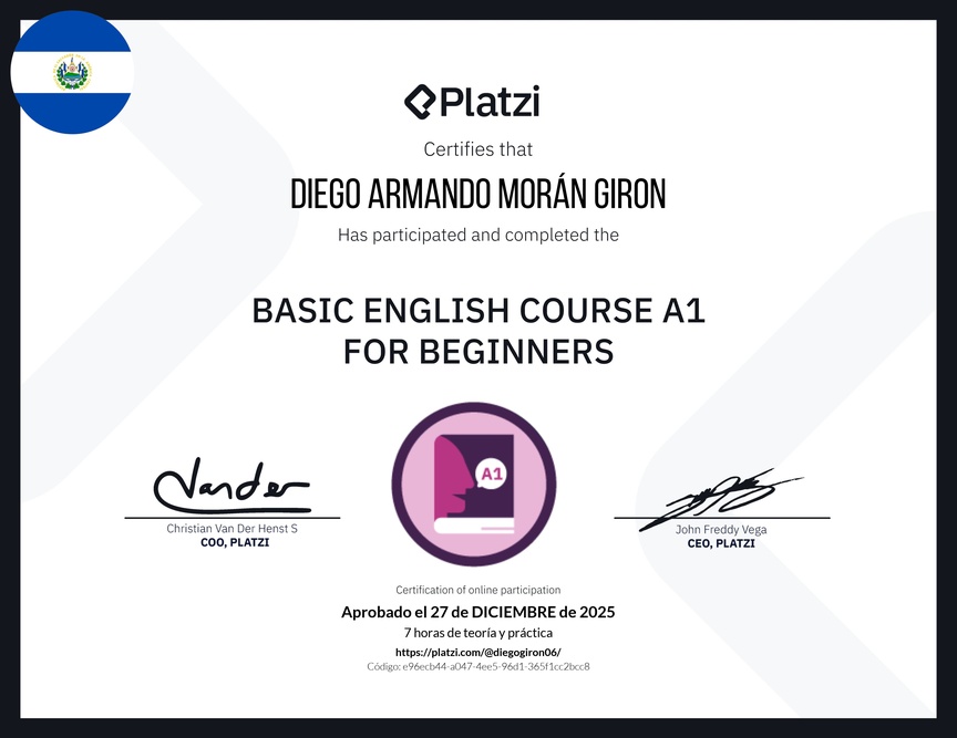Diploma del Curso de Inglés Básico A1 para Principiantes