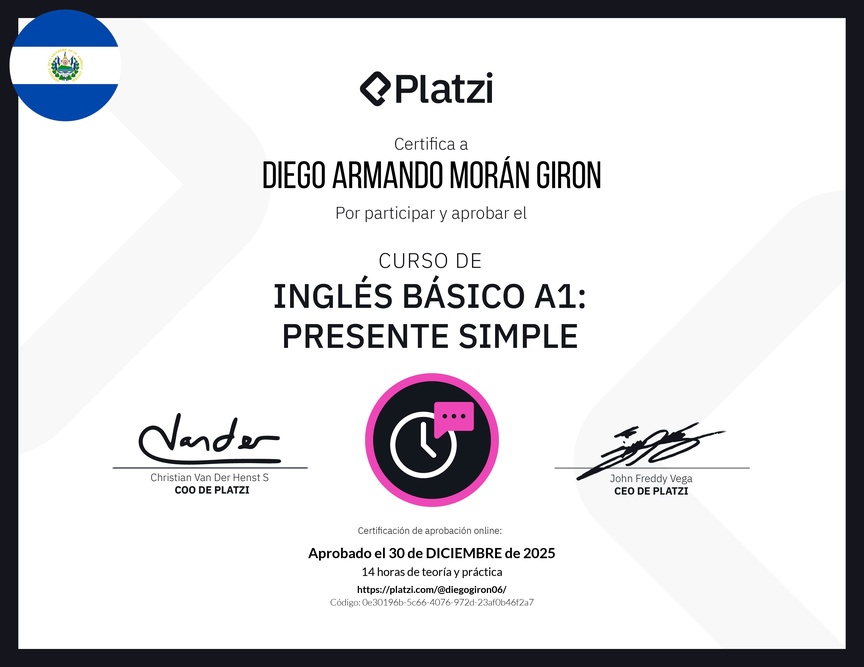 Diploma del Curso de Inglés Básico A1: Presente Simple