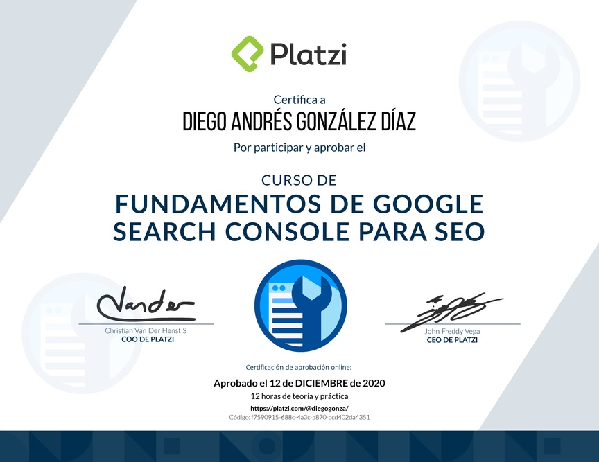 Diploma del Curso de Fundamentos de Google Search Console para SEO