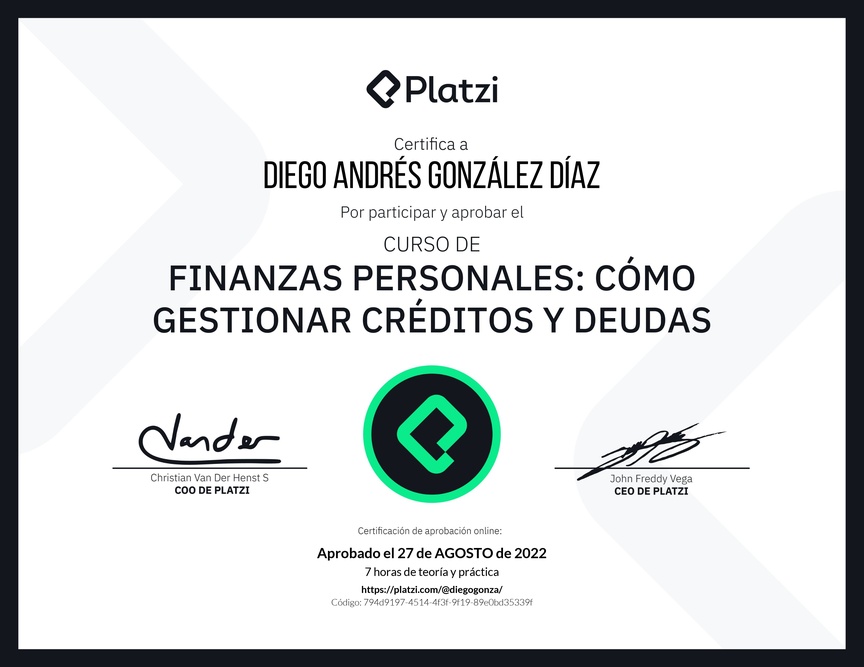 Diploma del Curso de Finanzas Personales: Cómo Gestionar Créditos y Deudas