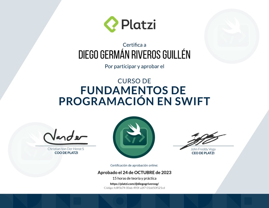 Diploma del Curso de Introducción a Swift (2019)