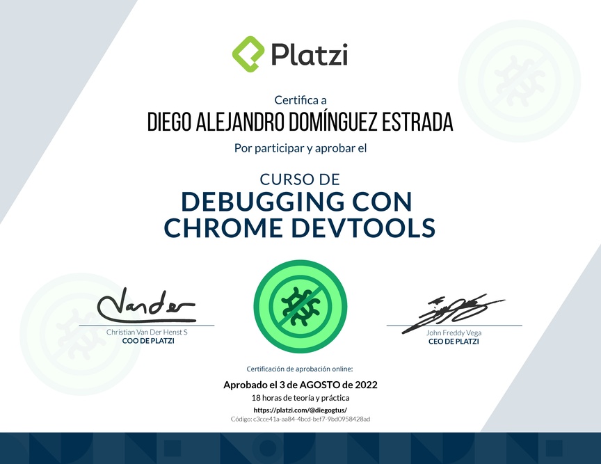 Diploma del Curso de Debugging con Chrome DevTools