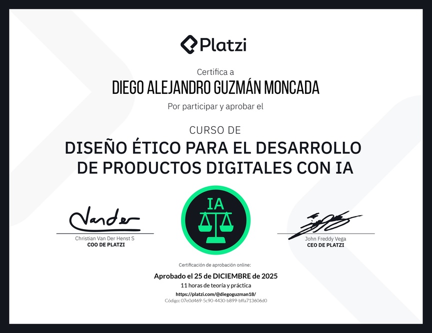 Diploma del Curso de Diseño Ético para el Desarrollo de Productos Digitales con IA
