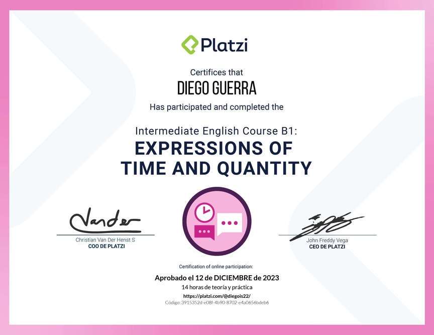 Diploma del Curso de Inglés Intermedio B1: Expresiones de Tiempo y Cantidad