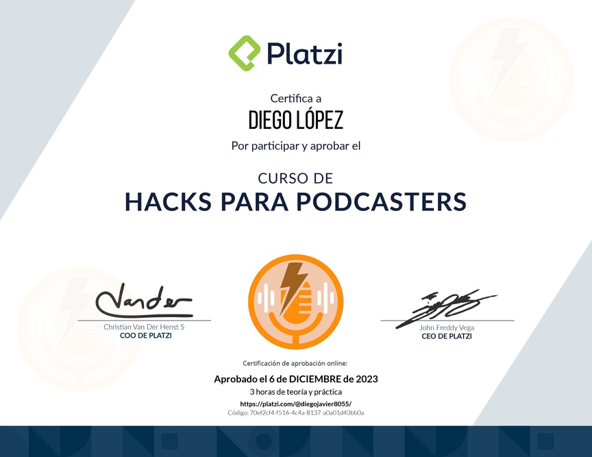 Diploma del Curso de Hacks para Mejorar tus Podcasts