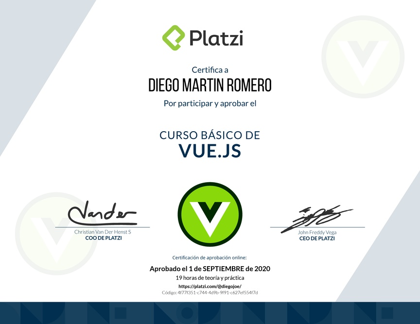 Diploma del Curso Básico de Vue.js 2