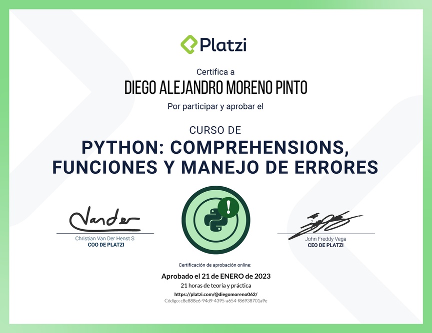 Diploma del Curso de Python: Comprehensions, Funciones y Manejo de Errores