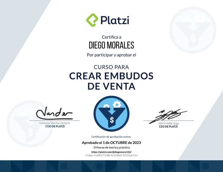 Diploma del Curso de Creación y Optimización de Embudos de Venta (2022)