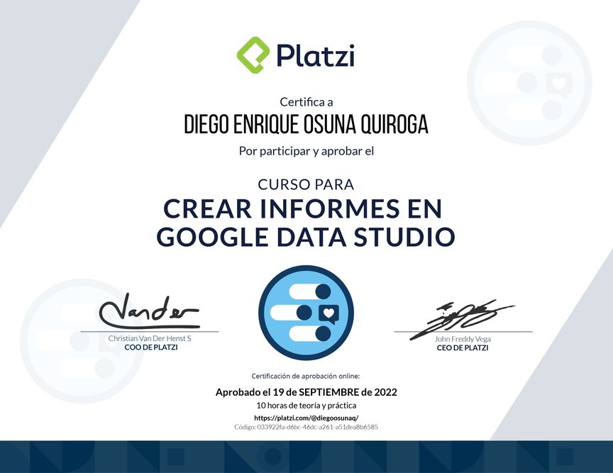 Diploma del Curso para Crear Informes de Redes Sociales con Google Data Studio
