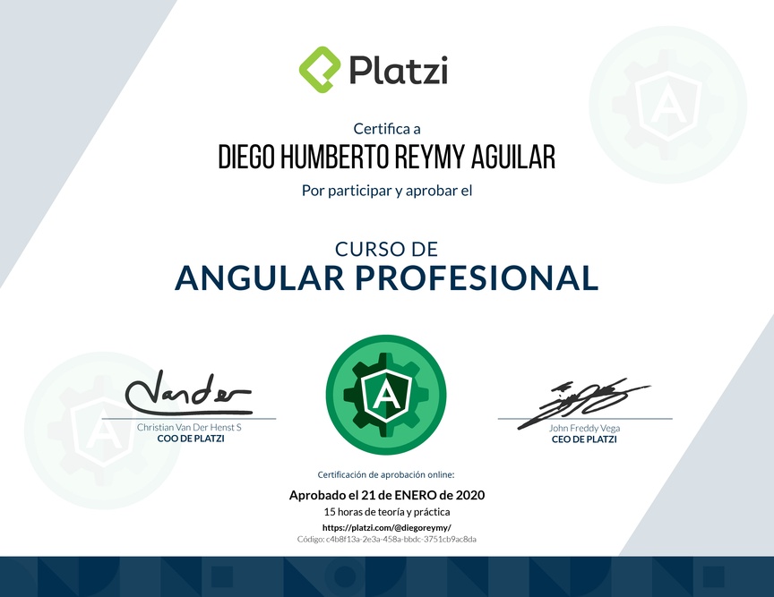 Diploma del Curso Profesional de Angular 8