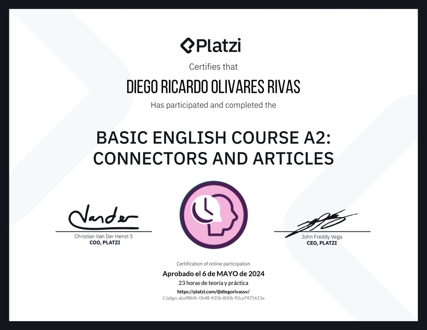 Diploma del Curso de Inglés Básico A2: Conectores y Artículos