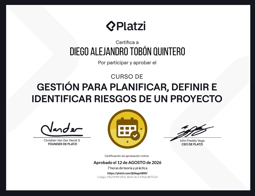 Diploma del Curso de Gestión para Planificar, Definir e Identificar Riesgos de un Proyecto