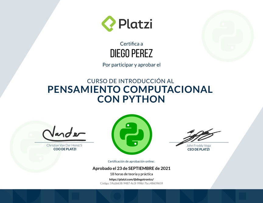 Diploma del Curso de Introducción al Pensamiento Computacional con Python
