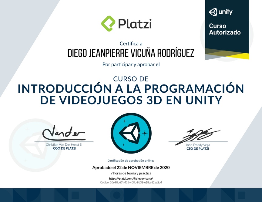Diploma del Curso de Introducción a la Programación de Videojuegos 3D con Unity