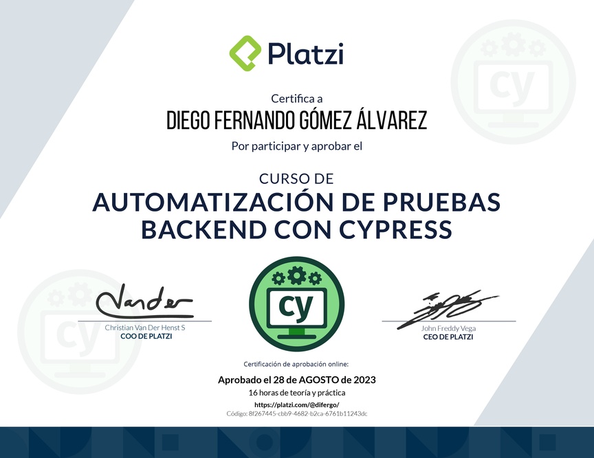 Diploma del Curso de Automatización de Pruebas de Backend con Cypress