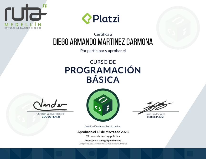 Diploma del Curso Gratis de Programación Básica 2022