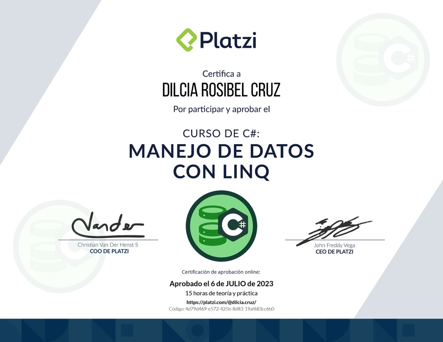 Diploma del Curso de Manejo de Datos en C# con LINQ