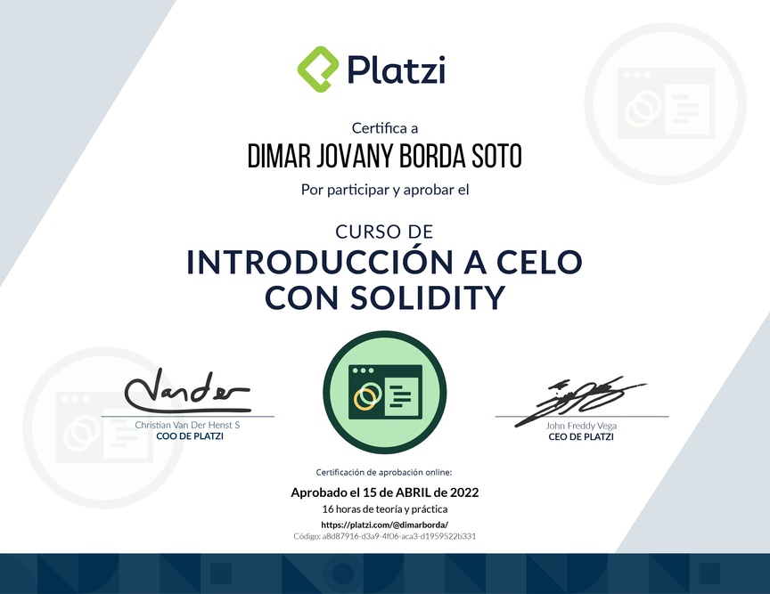 Diploma del Curso de Introducción a Celo con Solidity
