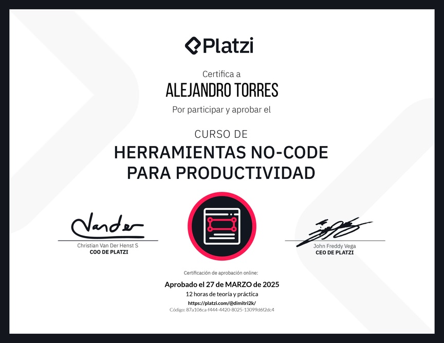 Diploma del Curso de Herramientas No-Code para la Productividad