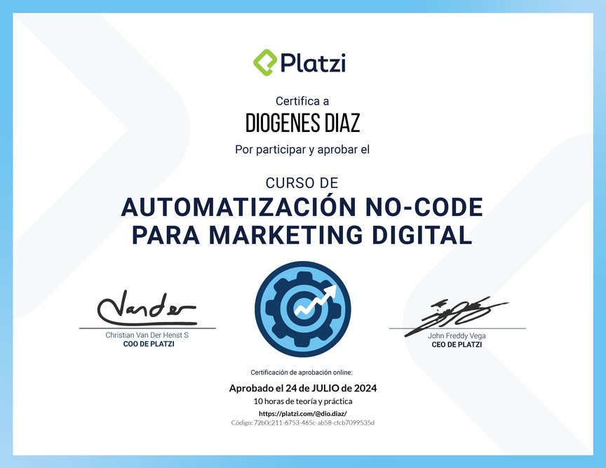 Diploma del Curso para Crear Automatizaciones No-Code para Marketing Digital