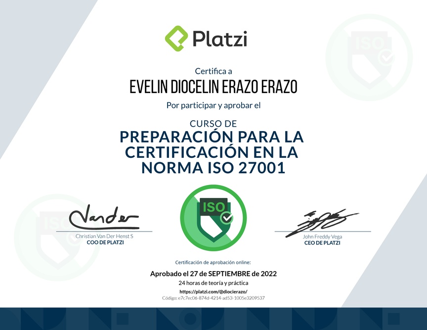 Diploma del Curso de Preparación para la Certificación en la Norma ISO 27001 (2020)