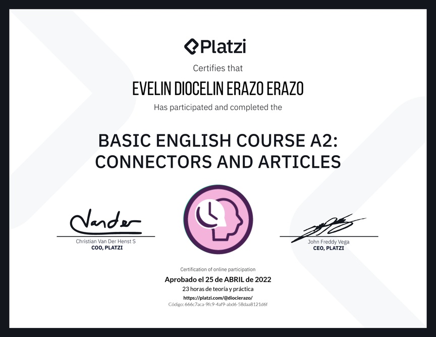 Diploma del Curso de Inglés Básico A2: Conectores y Artículos
