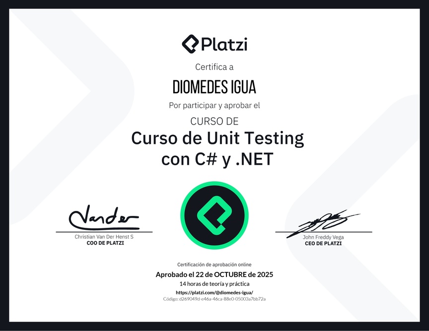 Diploma del Curso de Unit Testing con C# y .NET