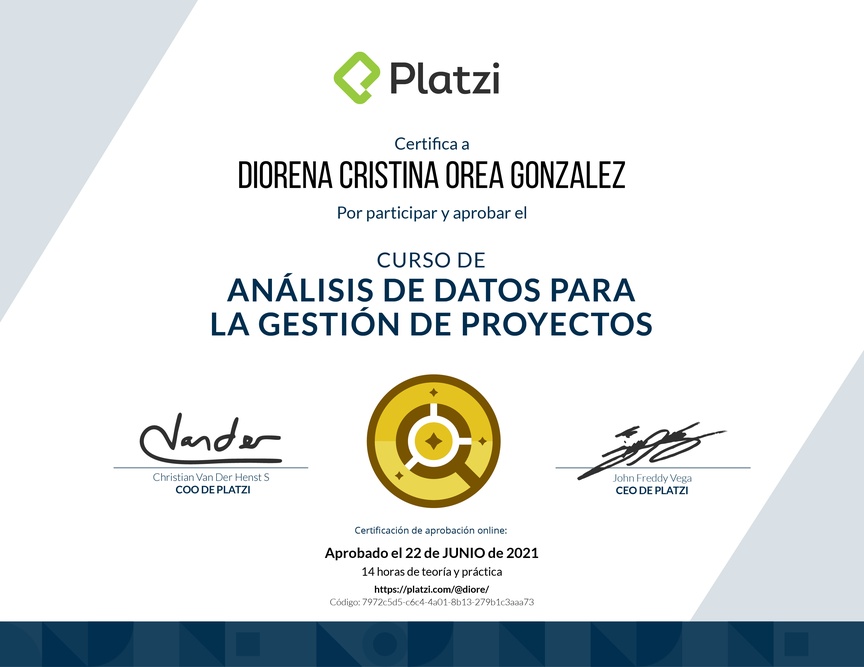 Diploma del Curso de Análisis de Datos para la Gestión de Proyectos
