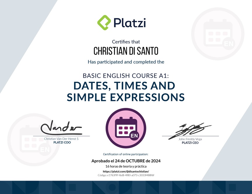 Diploma del Curso de Inglés Básico A1: Fechas, Horas y Expresiones Simples