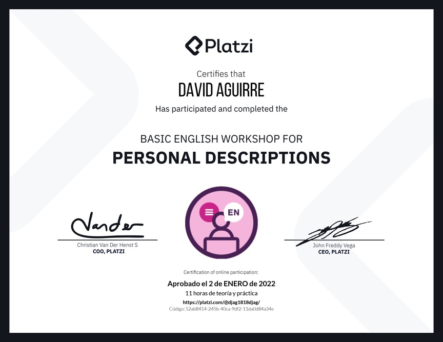 Diploma del Curso de Inglés Práctico para Descripciones Personales (2020=
