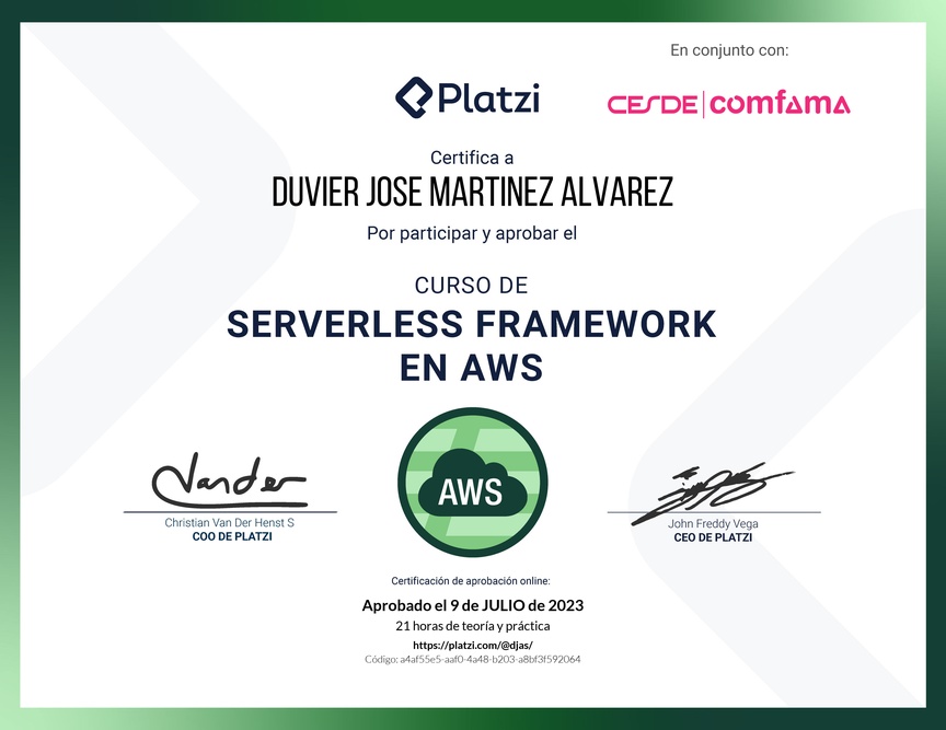 Diploma del Curso de  Serverless Framework en AWS