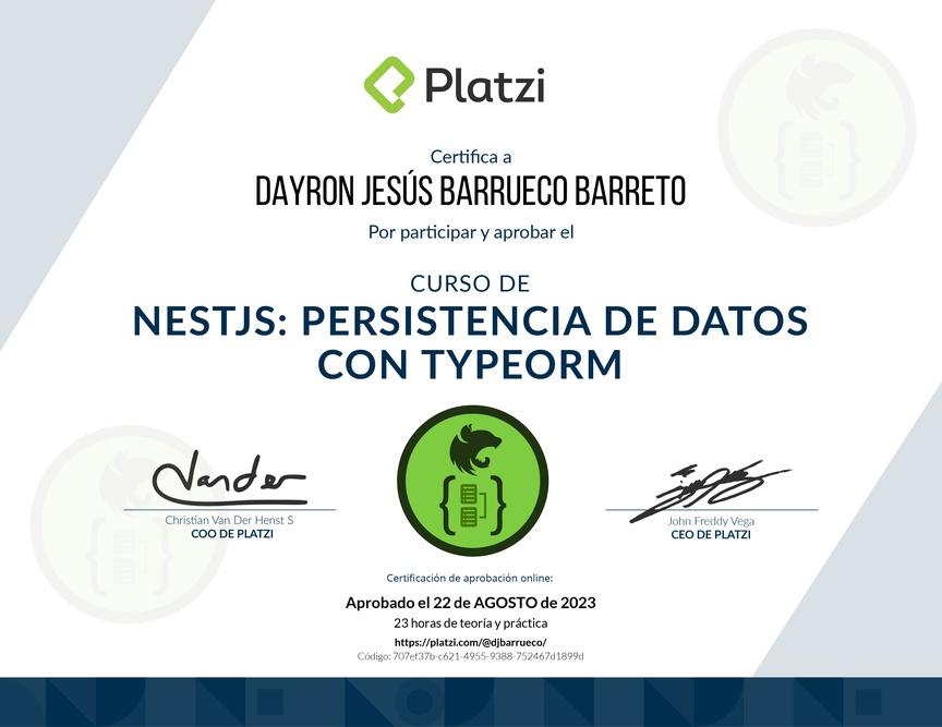 Diploma del Curso de NestJS: Persistencia de Datos con TypeORM