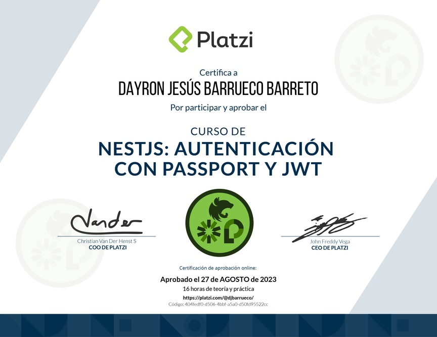 Diploma del Curso de NestJS: Autenticación con Passport y JWT
